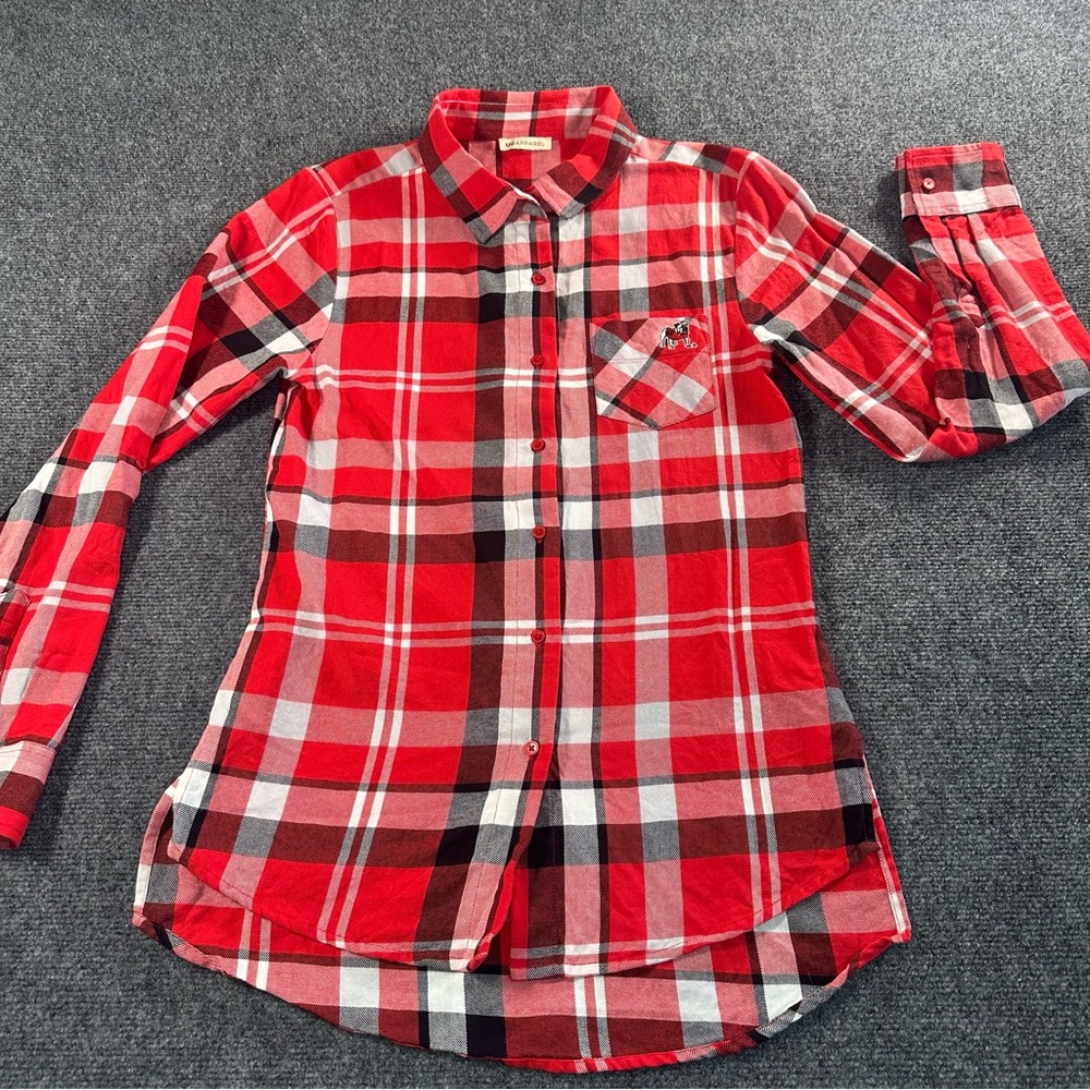 Women’s Red Plaid Button-Up Shirt with Chest Pocket